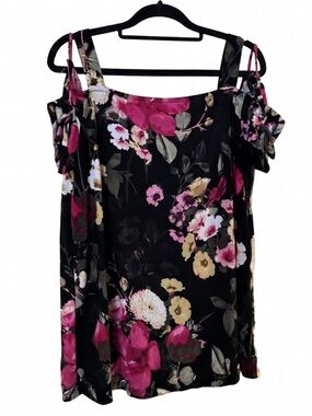 Source Unknown Black Floral Cold-Shoulder Top with Pink & Cream Accents